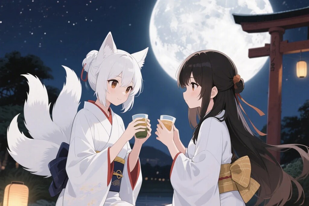 月を見ながらお酒を飲む御神体様とさくらちゃん