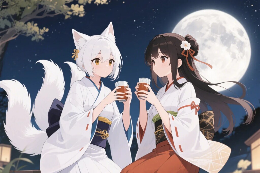 月を見ながらお酒を飲む御神体様とさくらちゃん