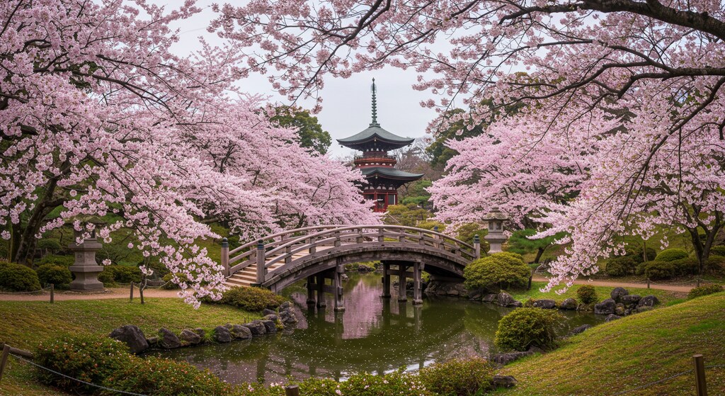 （こちらは実写風背景のみ）、AIちゃんがイメージした桜満開時の某観光地♪