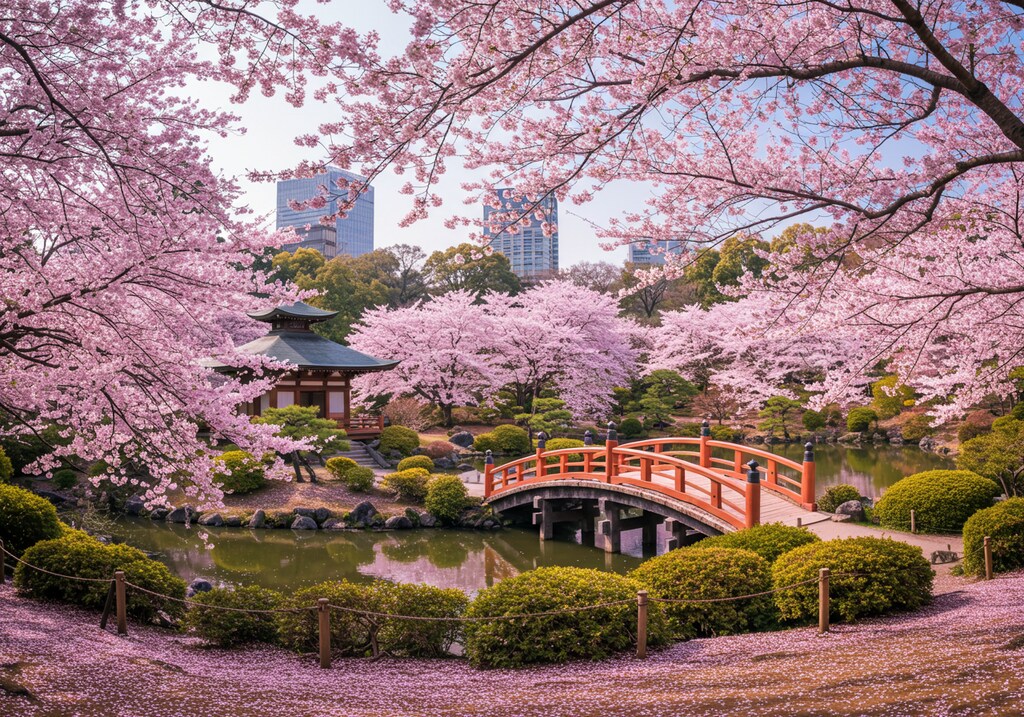 （こちらは実写風背景のみ）、AIちゃんがイメージした桜満開時の某観光地♪