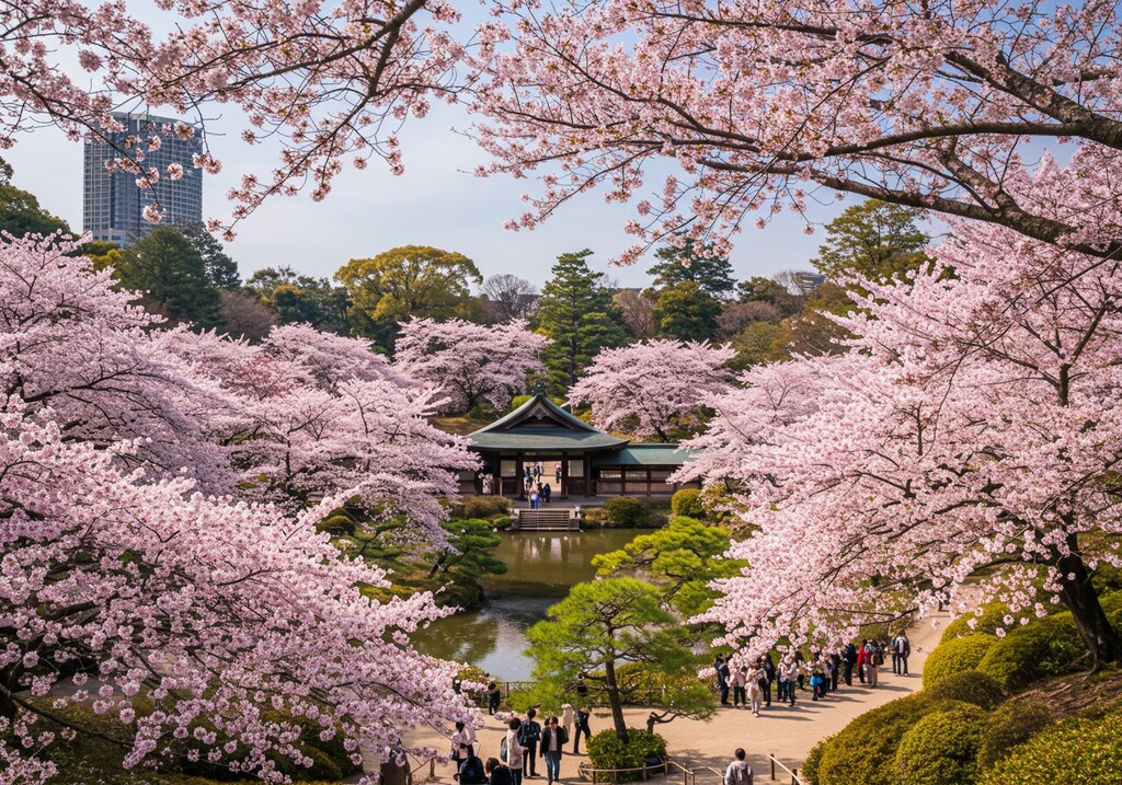 （こちらは実写風背景のみ）、AIちゃんがイメージした桜満開時の某観光地♪