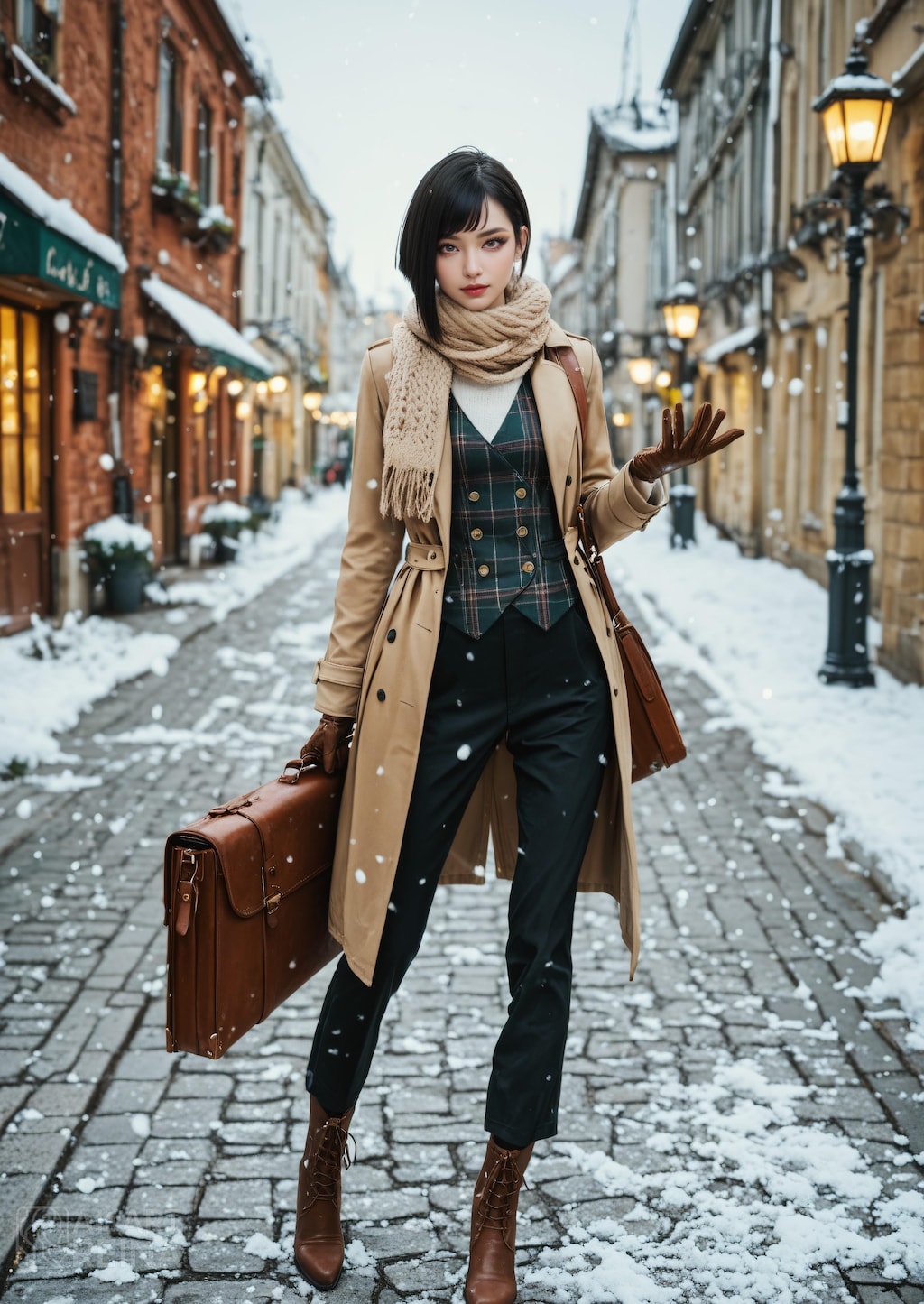 セイラ 町 雪 コート スーツ 歩き 全身