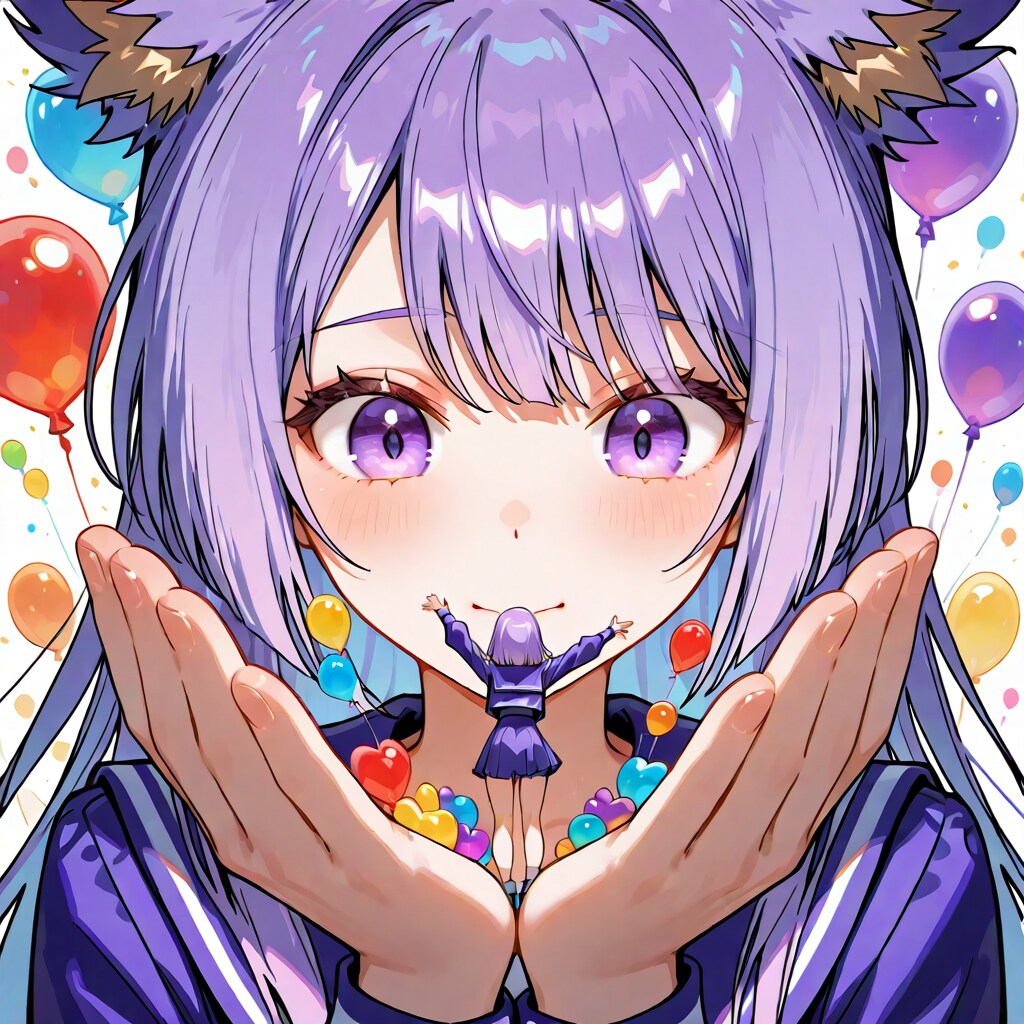 いっぱい色とりどりの風船を持つ紫髪ロングのセーラー服着たケモミミ美少女 | の人気AIイラスト・グラビア