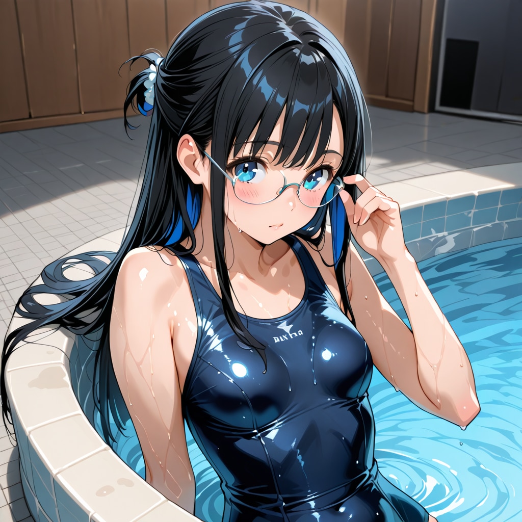 黒髪メガネのスクール水着