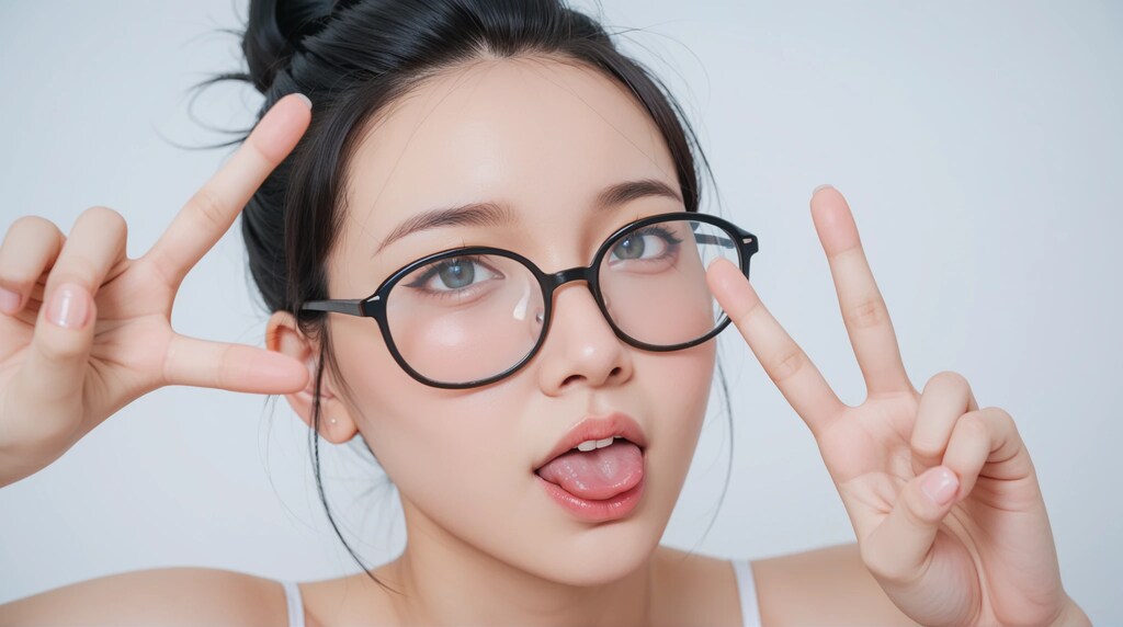 変態メガネ彼女は色んな角度でピースをする「今日はたくさん出してね♡嬉しくて自然にピースしちゃう♡」