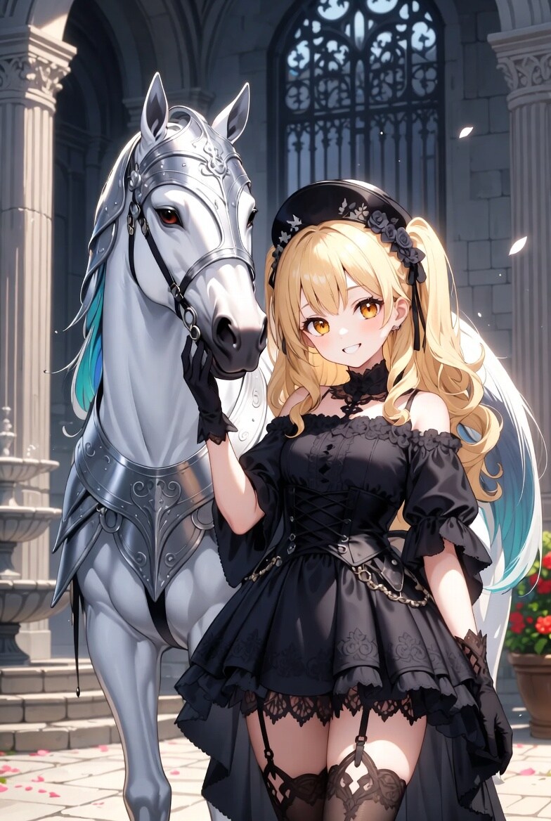 友達の馬と優雅に散歩する微妙なドヤ顔を決めるゴシック調ドレスの少女