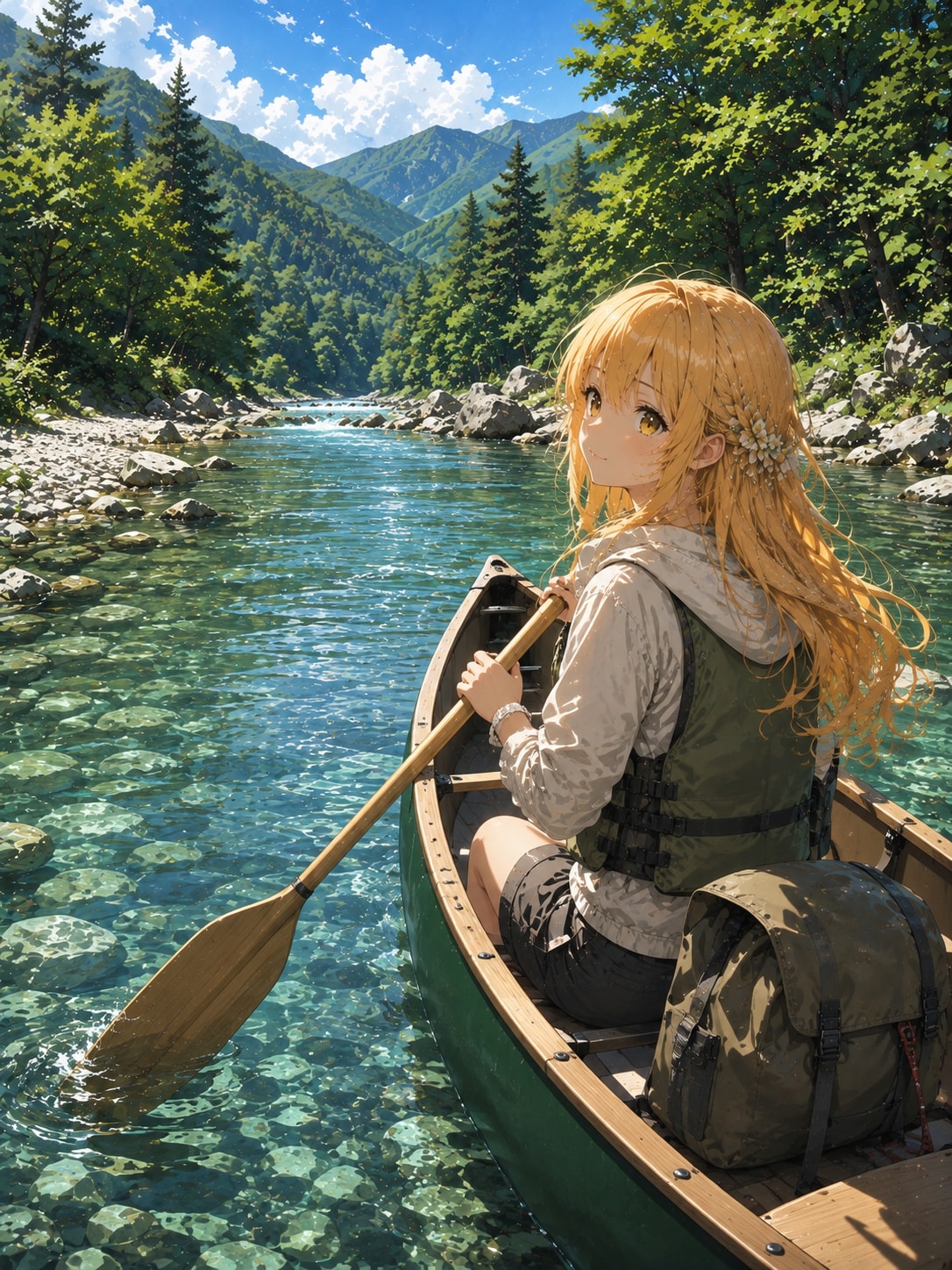 川の上流で遊ぶ女の子