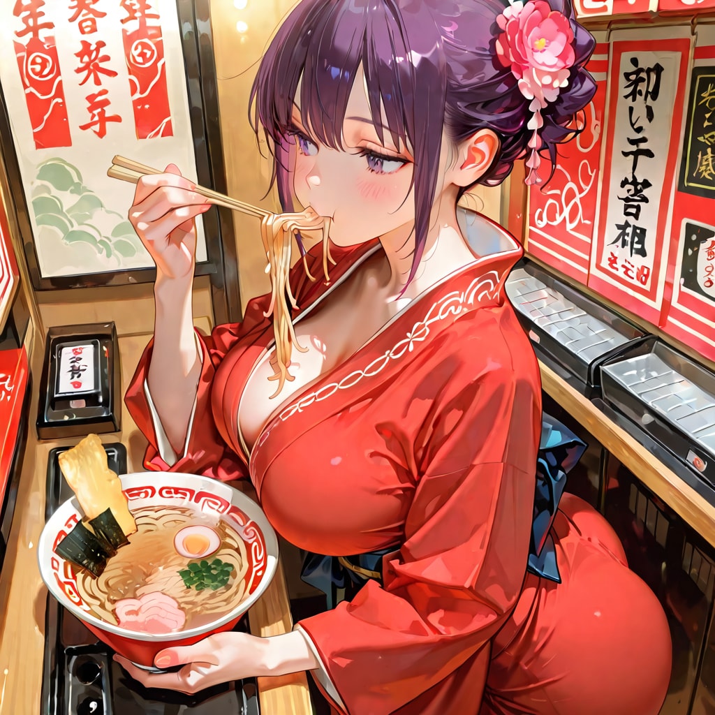 ご当地ラーメンを食べている巨乳着物美女 | の人気AIイラスト・グラビア