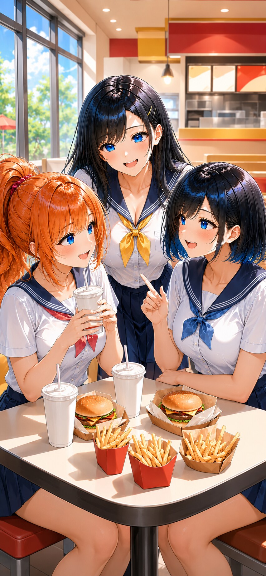 ハンバーガー屋でダベる３人娘 | の人気AIイラスト・グラビア