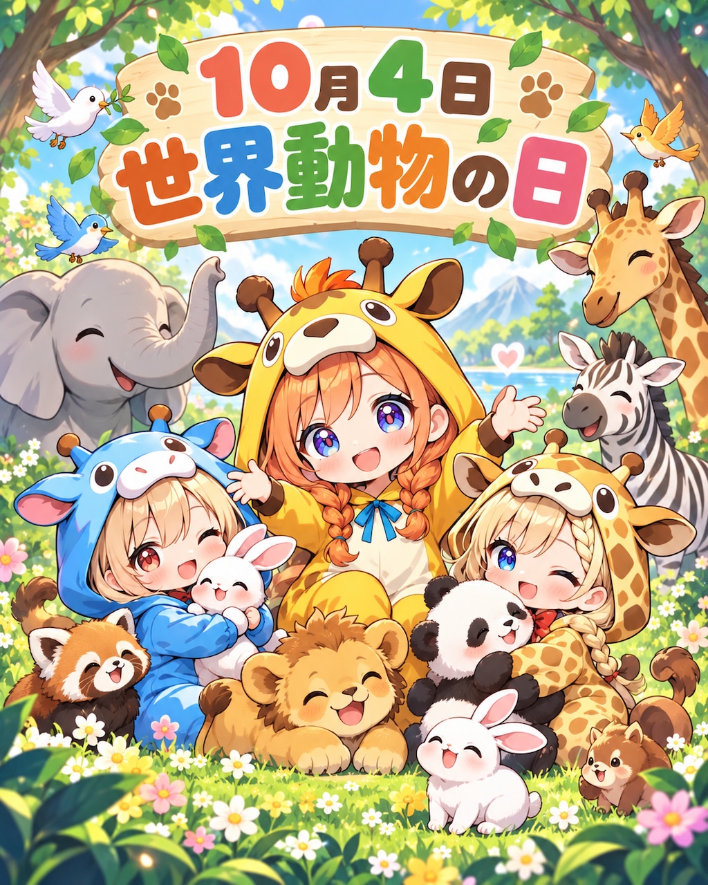 いろんな動物たちと仲良しなキリン着ぐるみちび子ちゃん