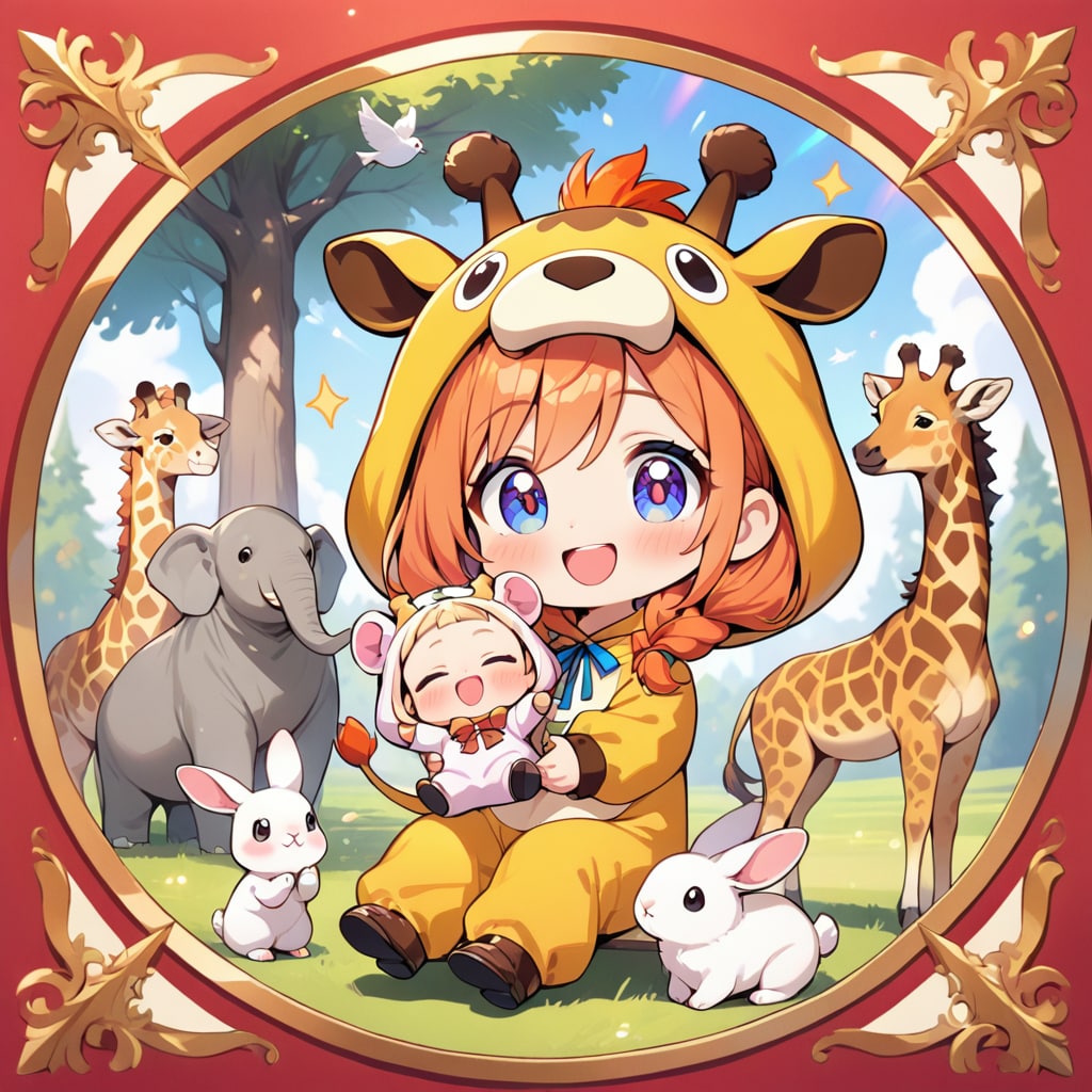 いろんな動物たちと仲良しなキリン着ぐるみちび子ちゃん | の人気AIイラスト・グラビア