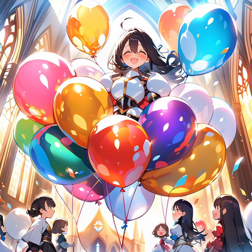 教会の中で沢山の風船を膨らませる黒髪ロングの美女 | の人気AIイラスト・グラビア