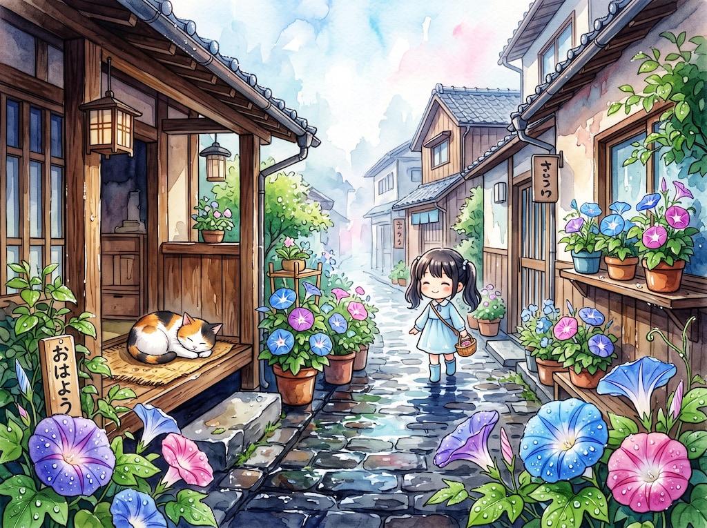朝顔の濡れた朝
