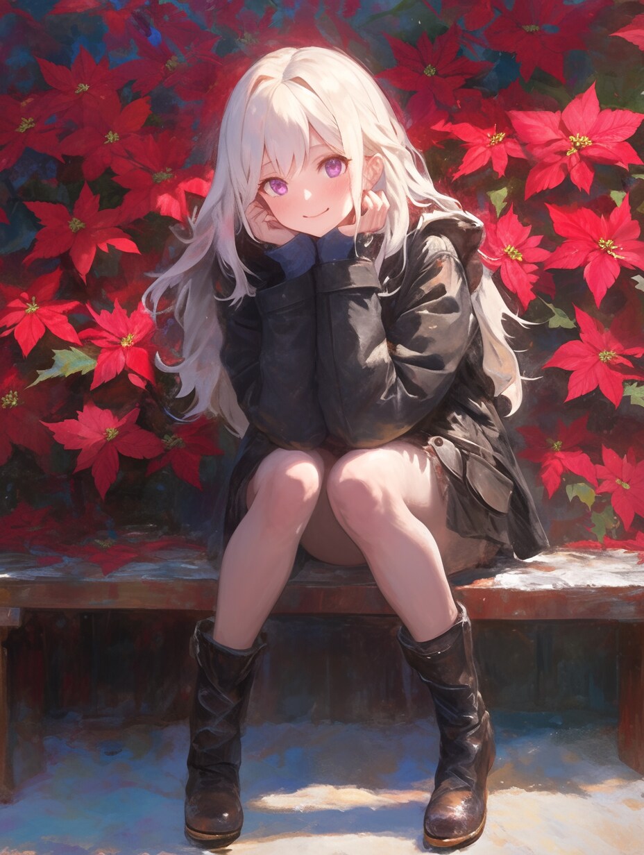 ポインセチアのお花と女の子 Poinsettia flowers and girls