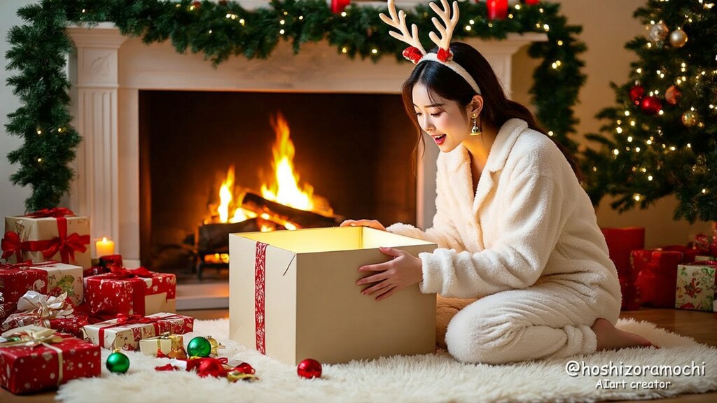 暖炉の前のプレゼント開封の瞬間