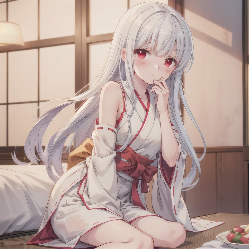 白髪ロングで巫女服の少女