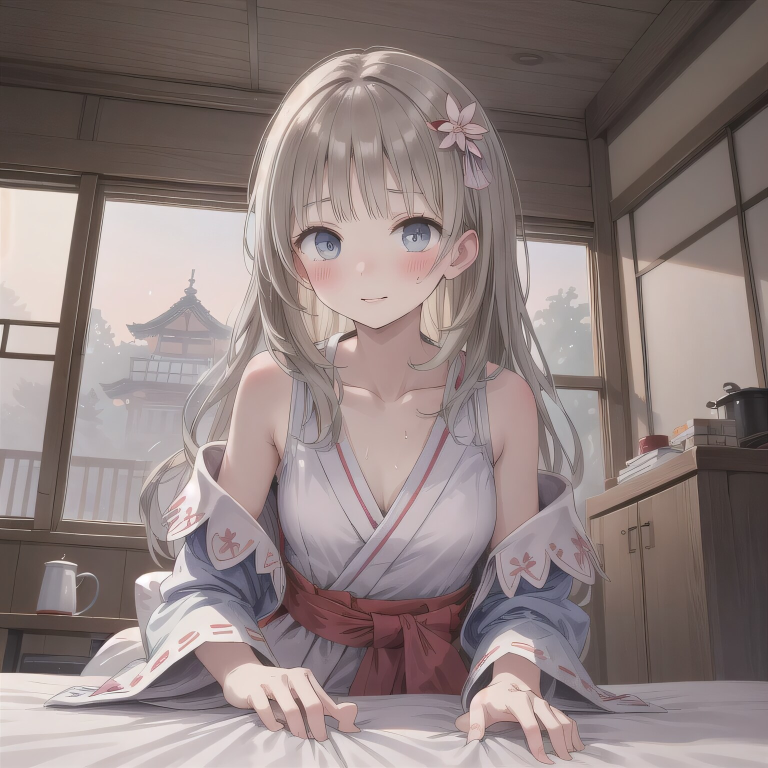 灰髪ロングで巫女服の少女２ | の人気AIイラスト・グラビア