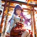 間桐桜、紅葉舞う神社の石段で。隣どうぞ、と巫女装束で微笑む 2枚目