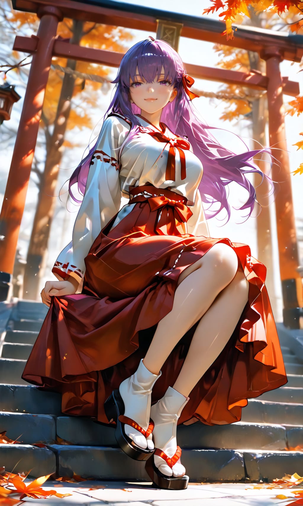 間桐桜、紅葉舞う神社の石段で。隣どうぞ、と巫女装束で微笑む