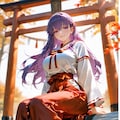 間桐桜、紅葉舞う神社の石段で。隣どうぞ、と巫女装束で微笑む 3枚目