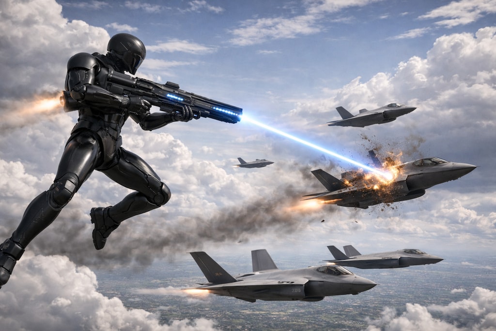 重装ロボットとF35の戦闘シーン