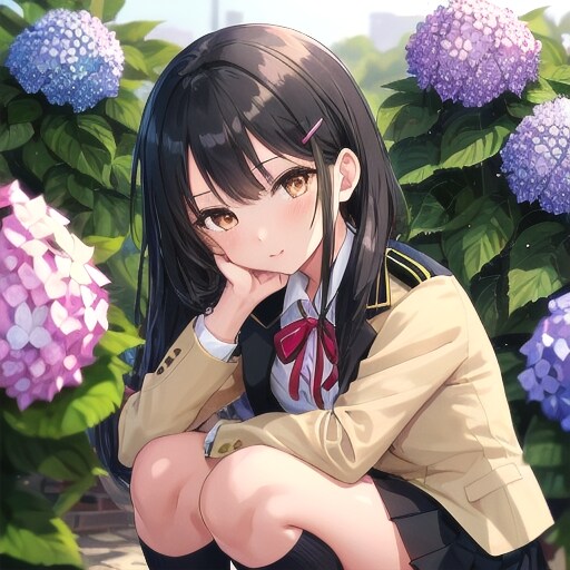 紫陽花と黒髪の女の子