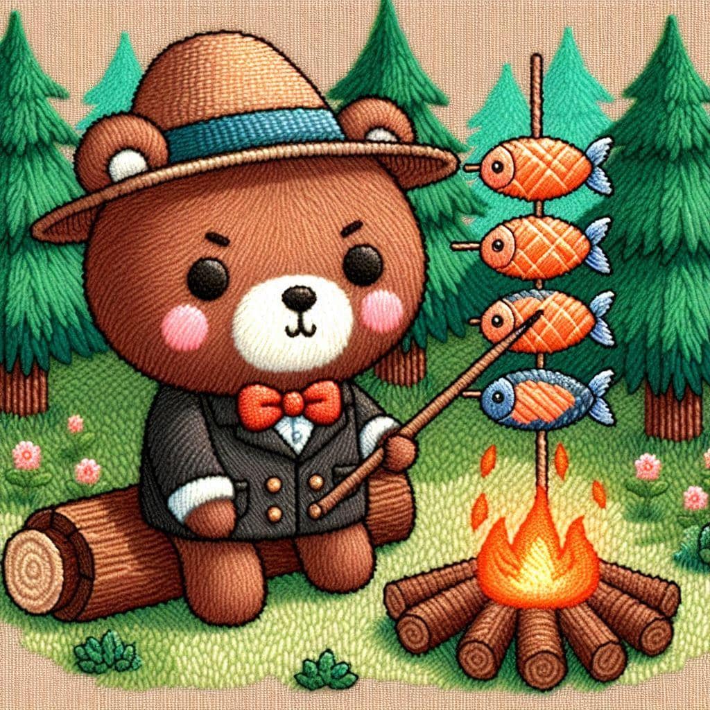 ソロキャンプをしている熊さん