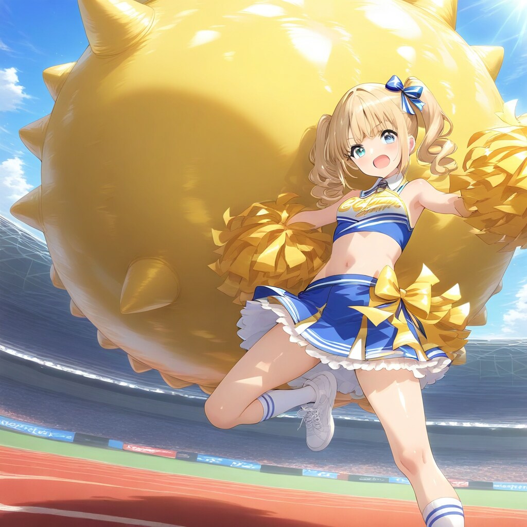 スタジアムで黄色い巨大風船を膨らませて遊ぶブロンドロングのチアガールの美女 | の人気AIイラスト・グラビア