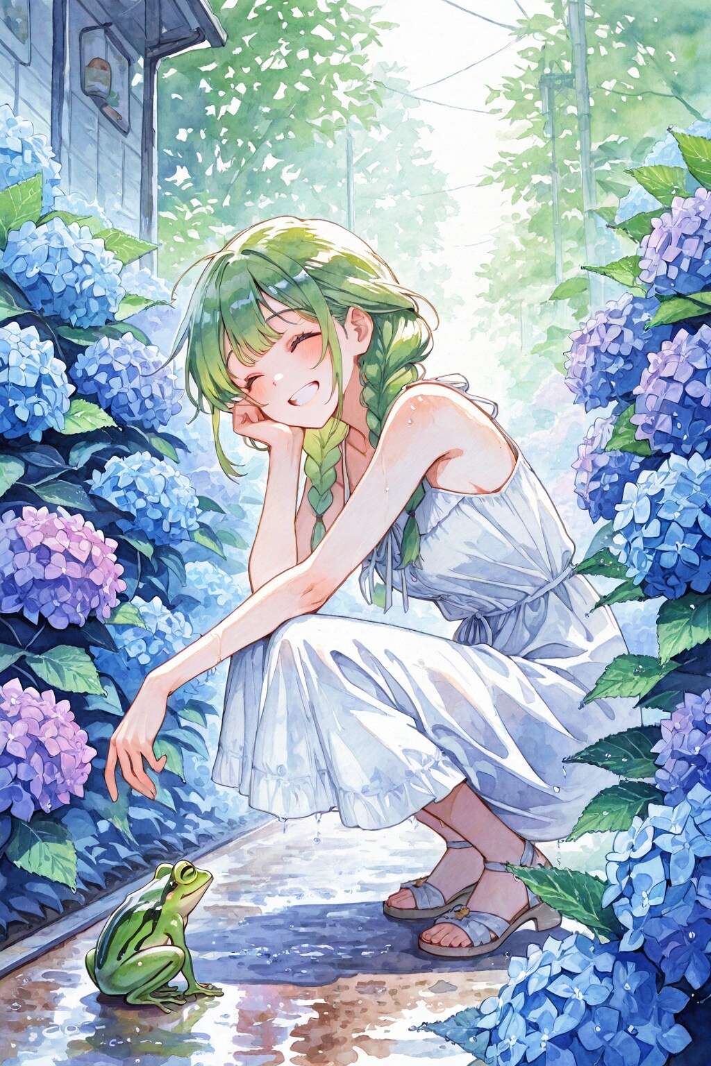 紫陽花と緑髪ちゃん | の人気AIイラスト・グラビア