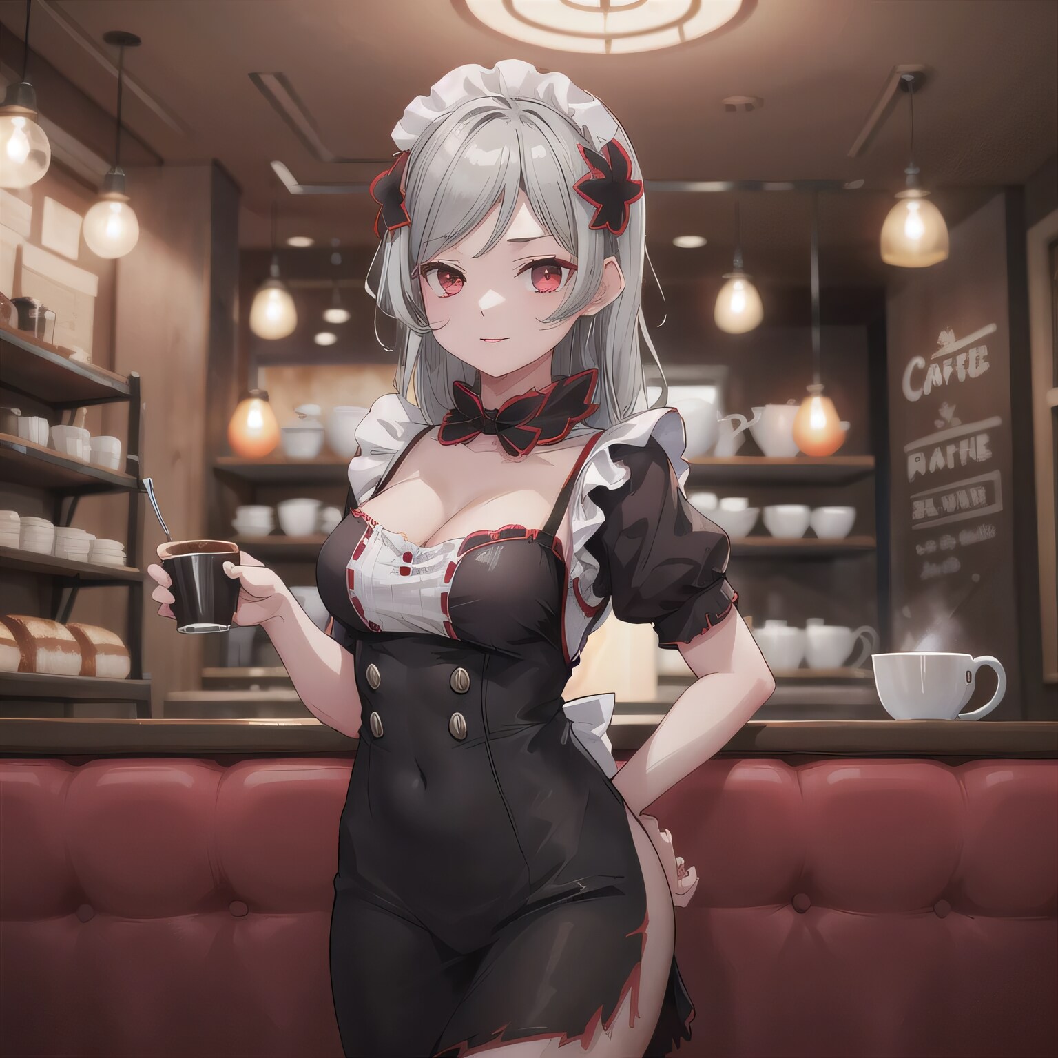 灰髪ロングでカフェの少女 | の人気AIイラスト・グラビア