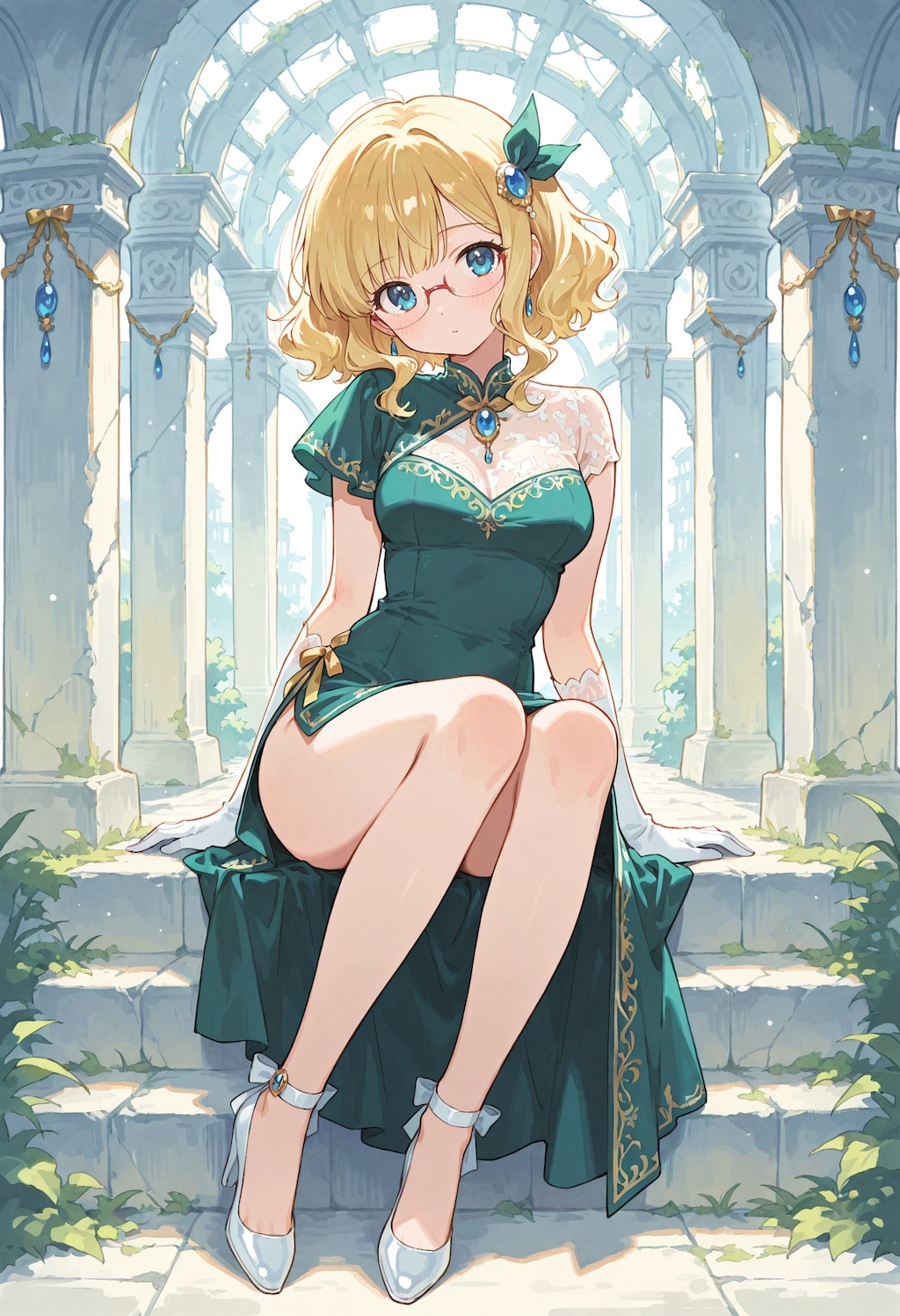 メガネショートの緑ドレス少女