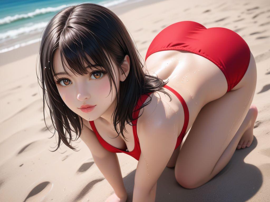 黒髪 赤ビキニ