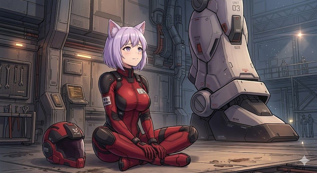 あぐらで物思いにふけるパイロットスーツのシス