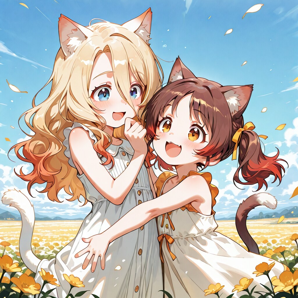 野原で遊ぶ猫娘　２ | の人気AIイラスト・グラビア