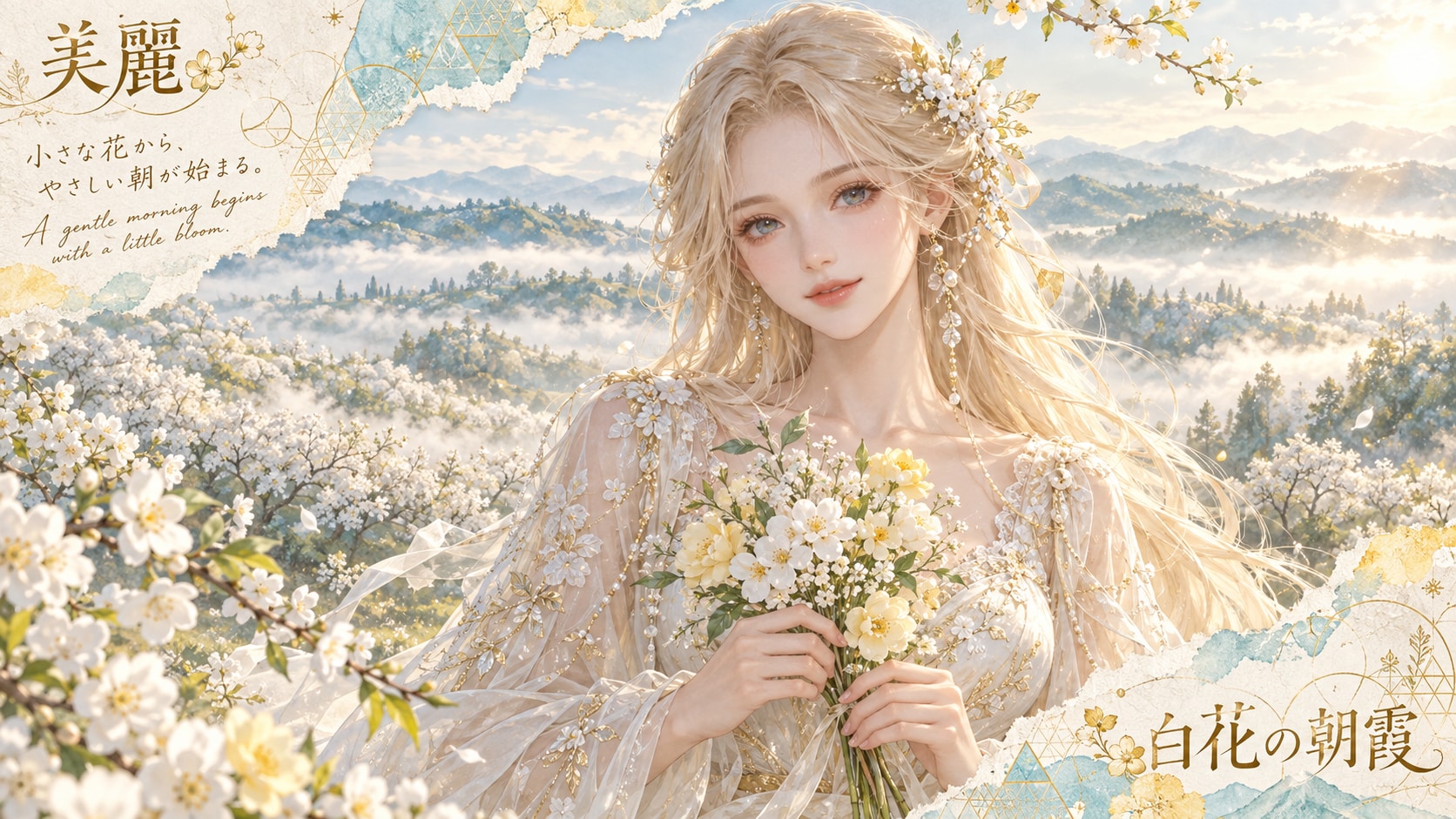 Morning Mist of White Flowers  A gentle morning begins with a little bloom.  Across the hills, white | の人気AIイラスト・グラビア