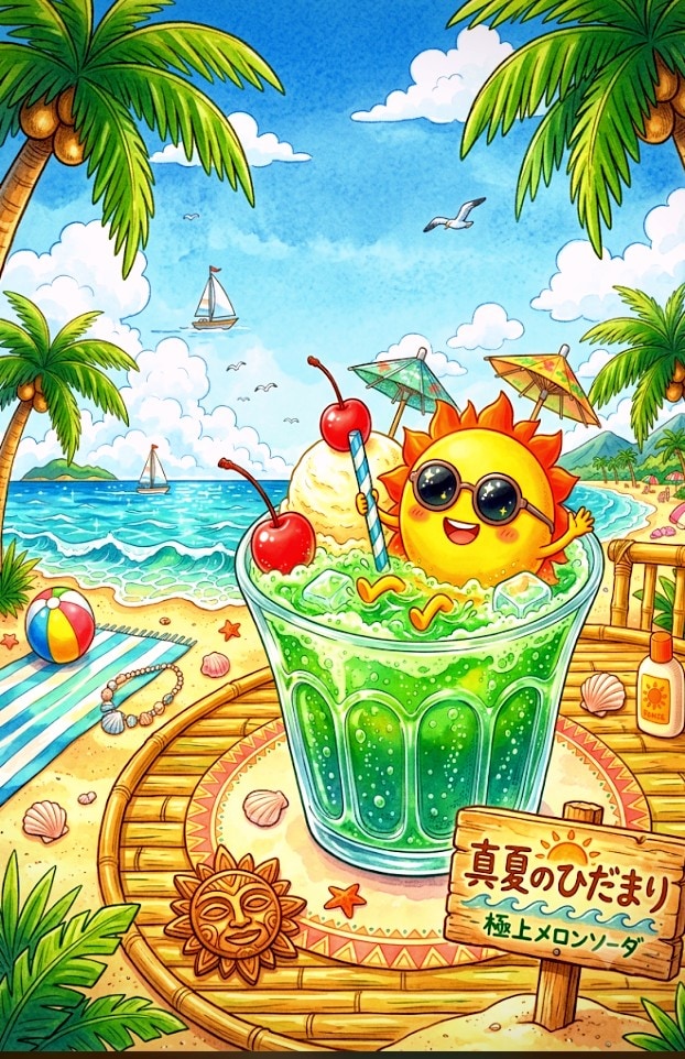 真夏の極上メロンソーダ　　　　　　　濃厚バニラと太陽君を添えて250円🍹