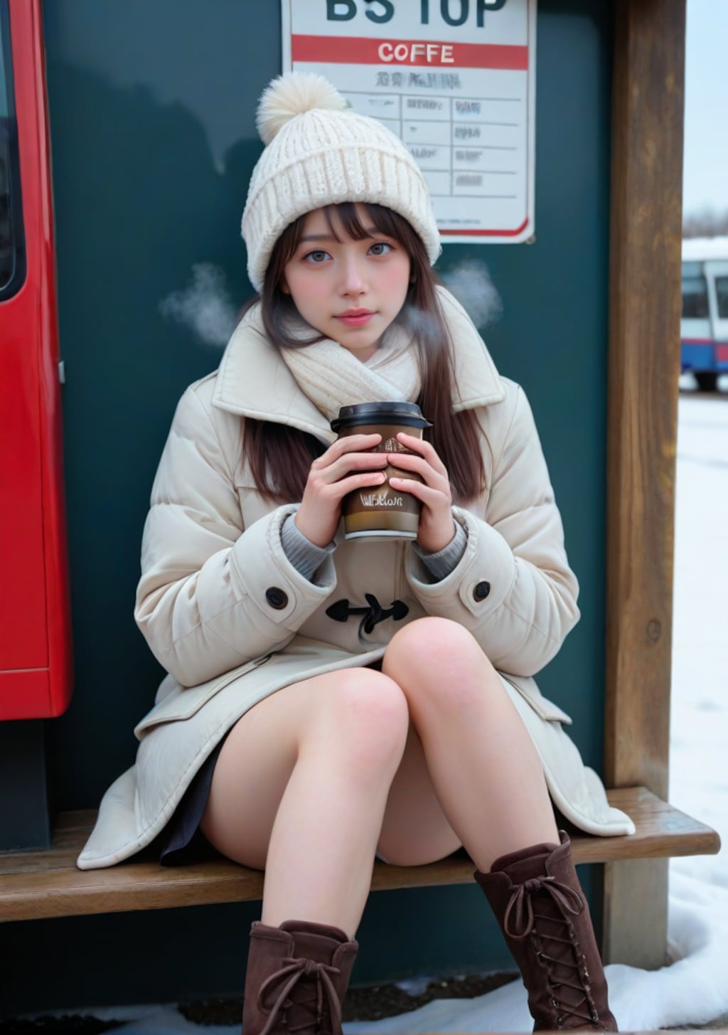 寒い日のバス停女子