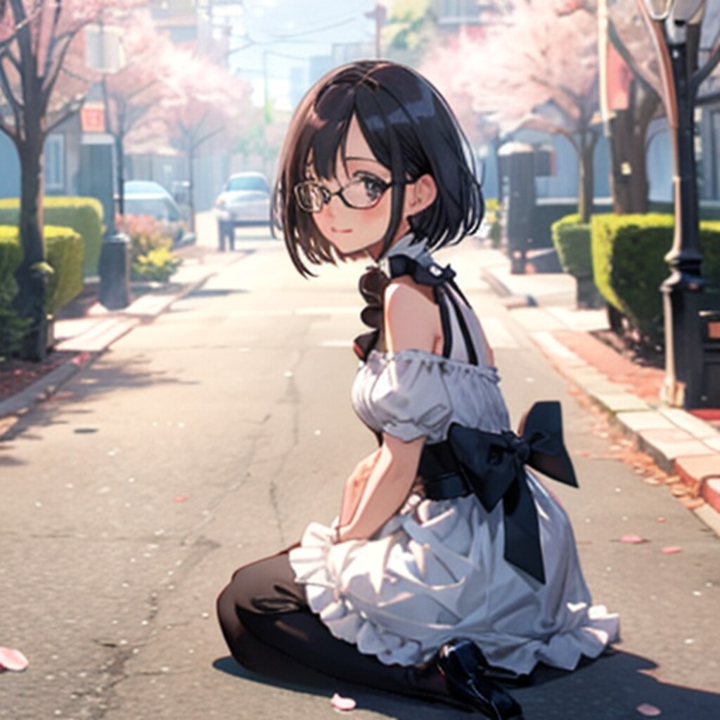 メイドさん道の真ん中に座る