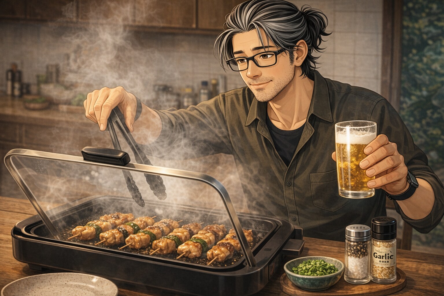 おうちで簡単！ホットプレートでふっくら焼き鳥を堪能するオジサン