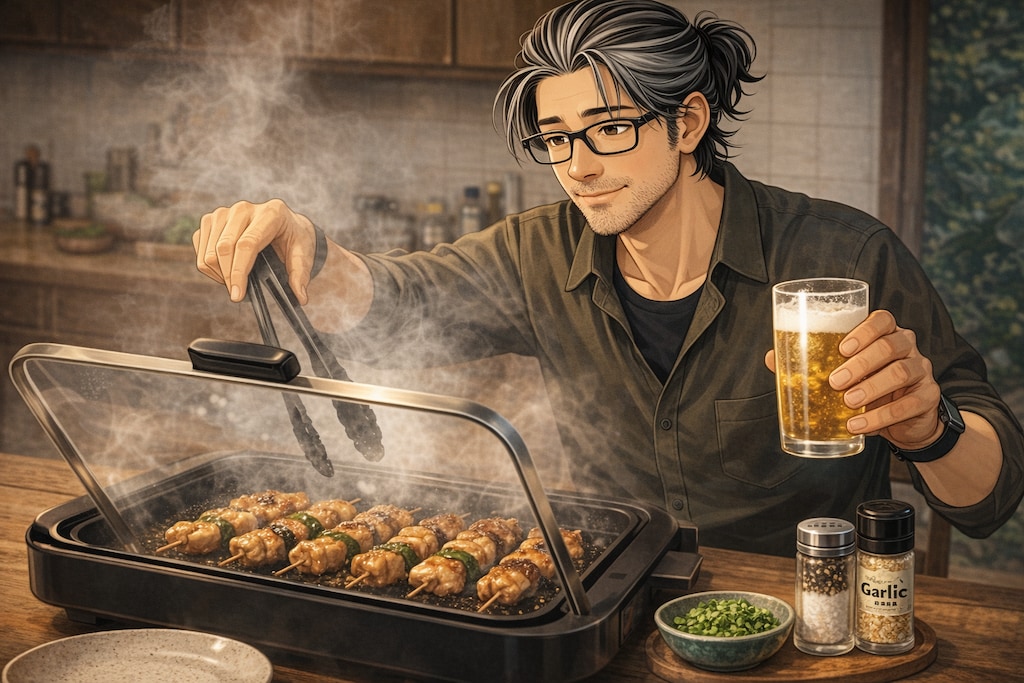 おうちで簡単！ホットプレートでふっくら焼き鳥を堪能するオジサン