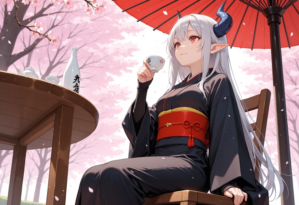 花見を楽しむ着物銀髪竜姫さん