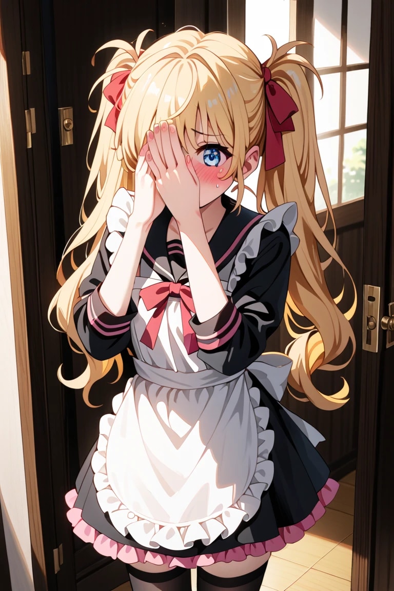 「や、やだ…そんなに見ないで…///」金髪ツインテメイド莉奈の顔隠し照れポーズ😳❤️ | の人気AIイラスト・グラビア