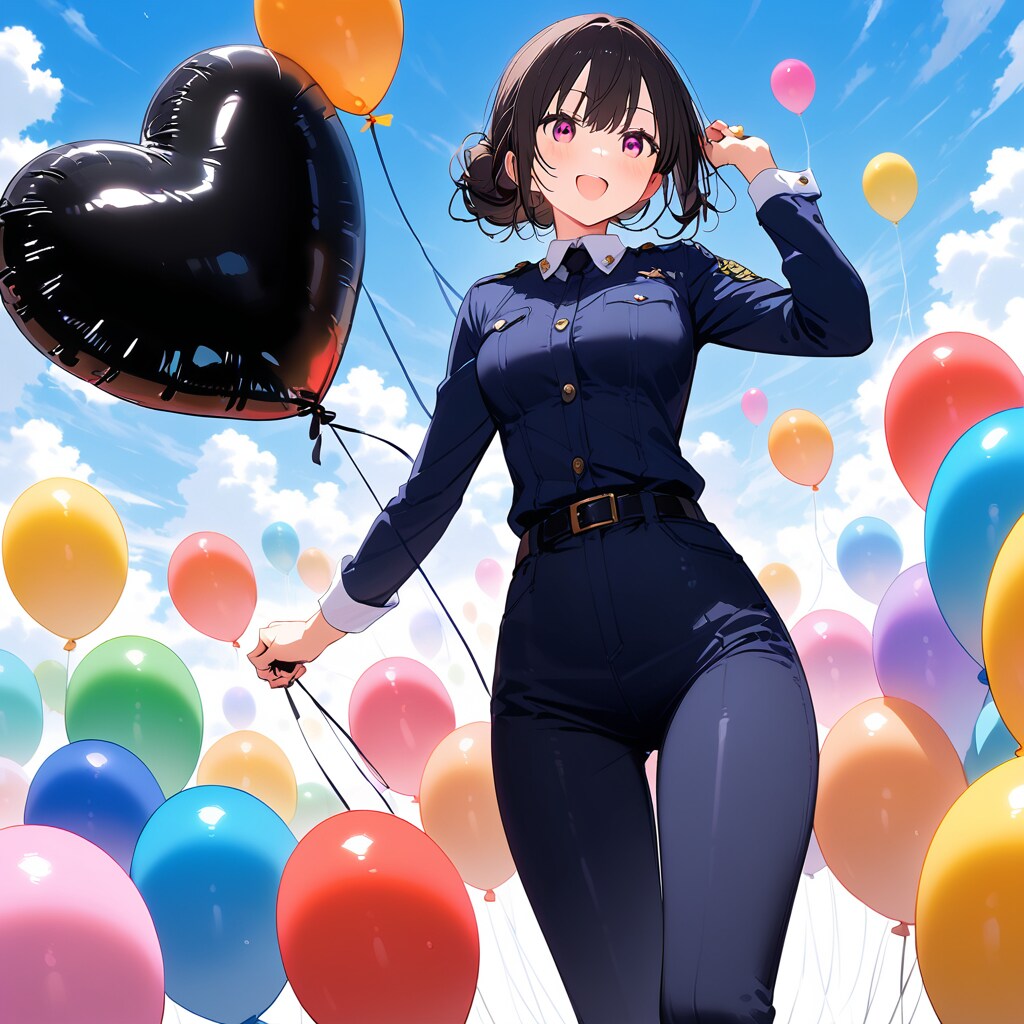 いっぱい風船を膨らませて遊ぶ黒髪の婦警さん。