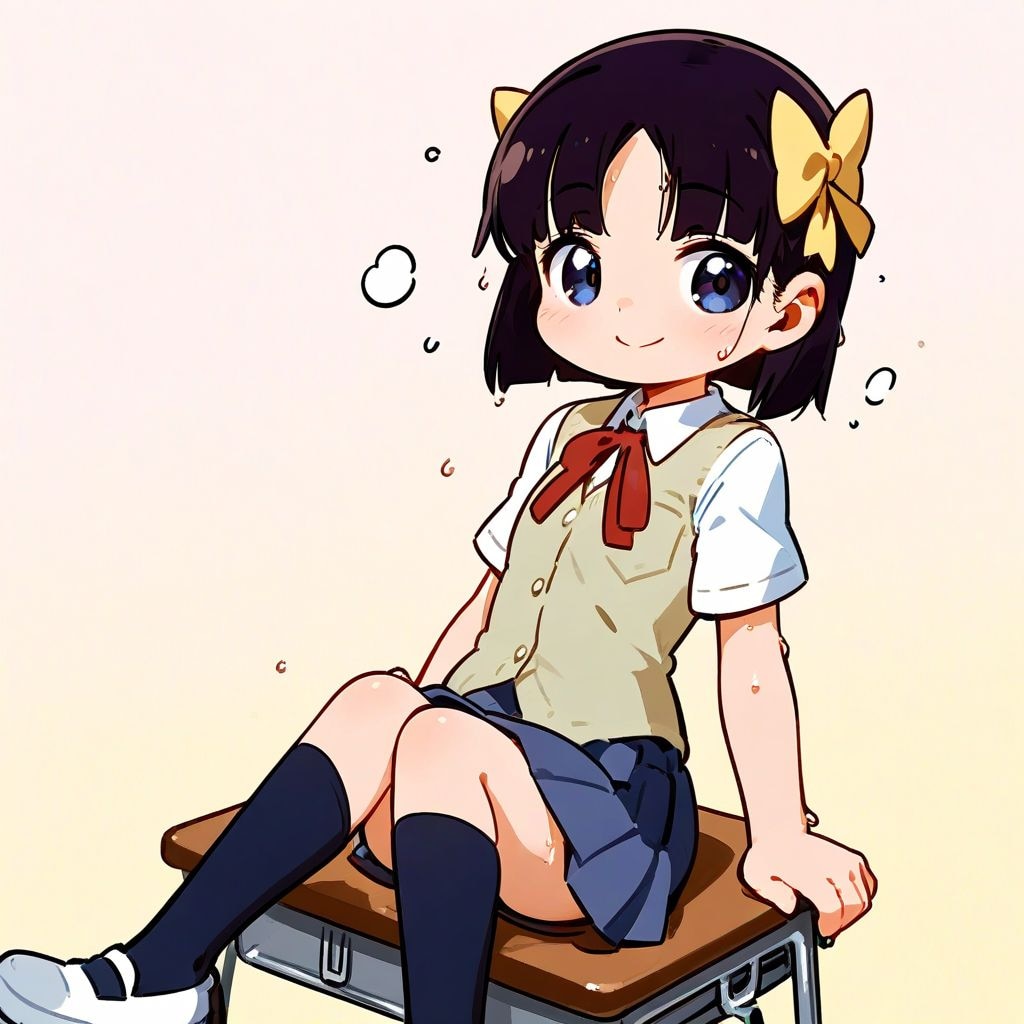 机に座るガール