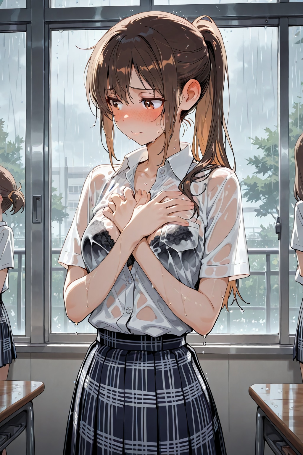 雨に濡れた女子校生