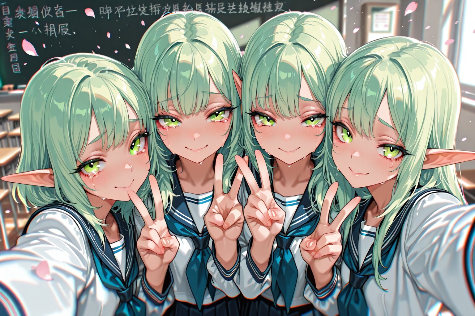学生生活の最後に友達と教室で写真を撮るエルフの女の子 | の人気AIイラスト・グラビア