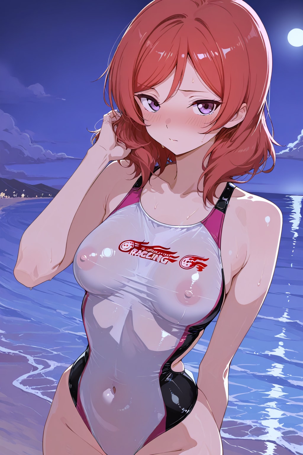 競泳水着の真姫まーと夜の海(ちちぷい版)