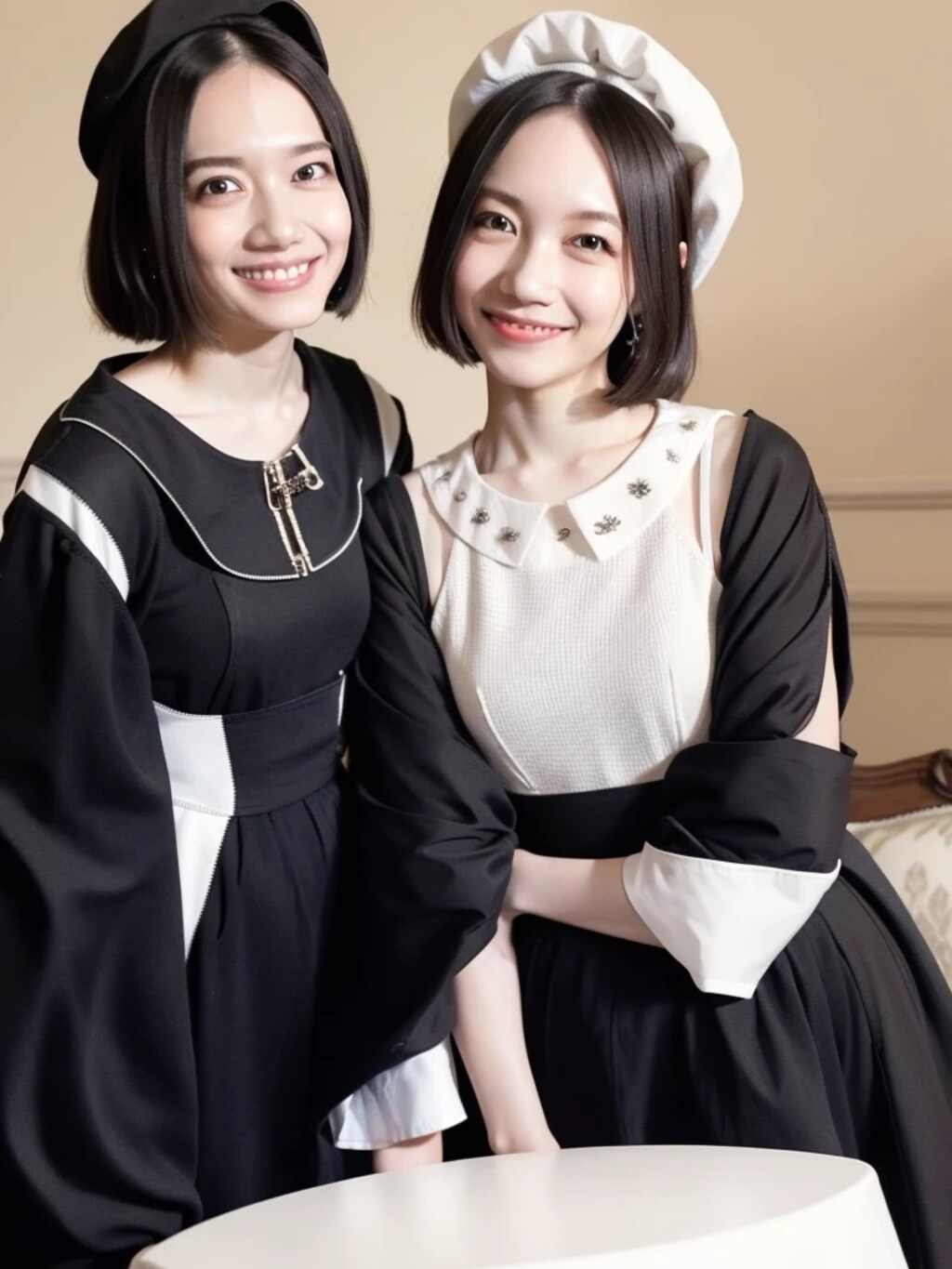 黒髪ボブでメイド服の美女２人