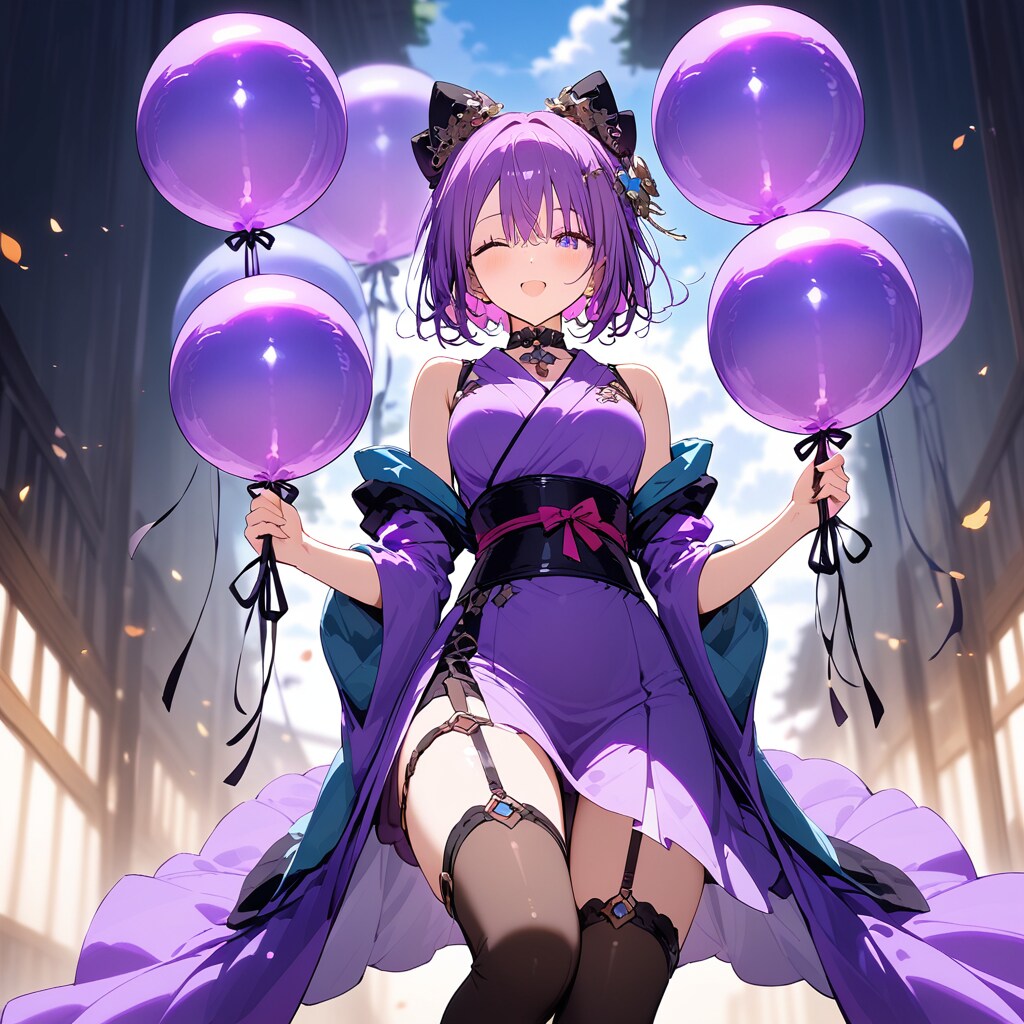 いっぱい紫色の風船を持つ紫髪の着物美女 | の人気AIイラスト・グラビア