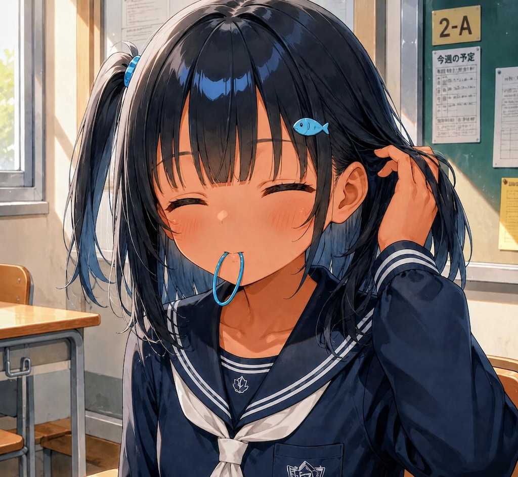 髪を結び直してるこなつちゃん